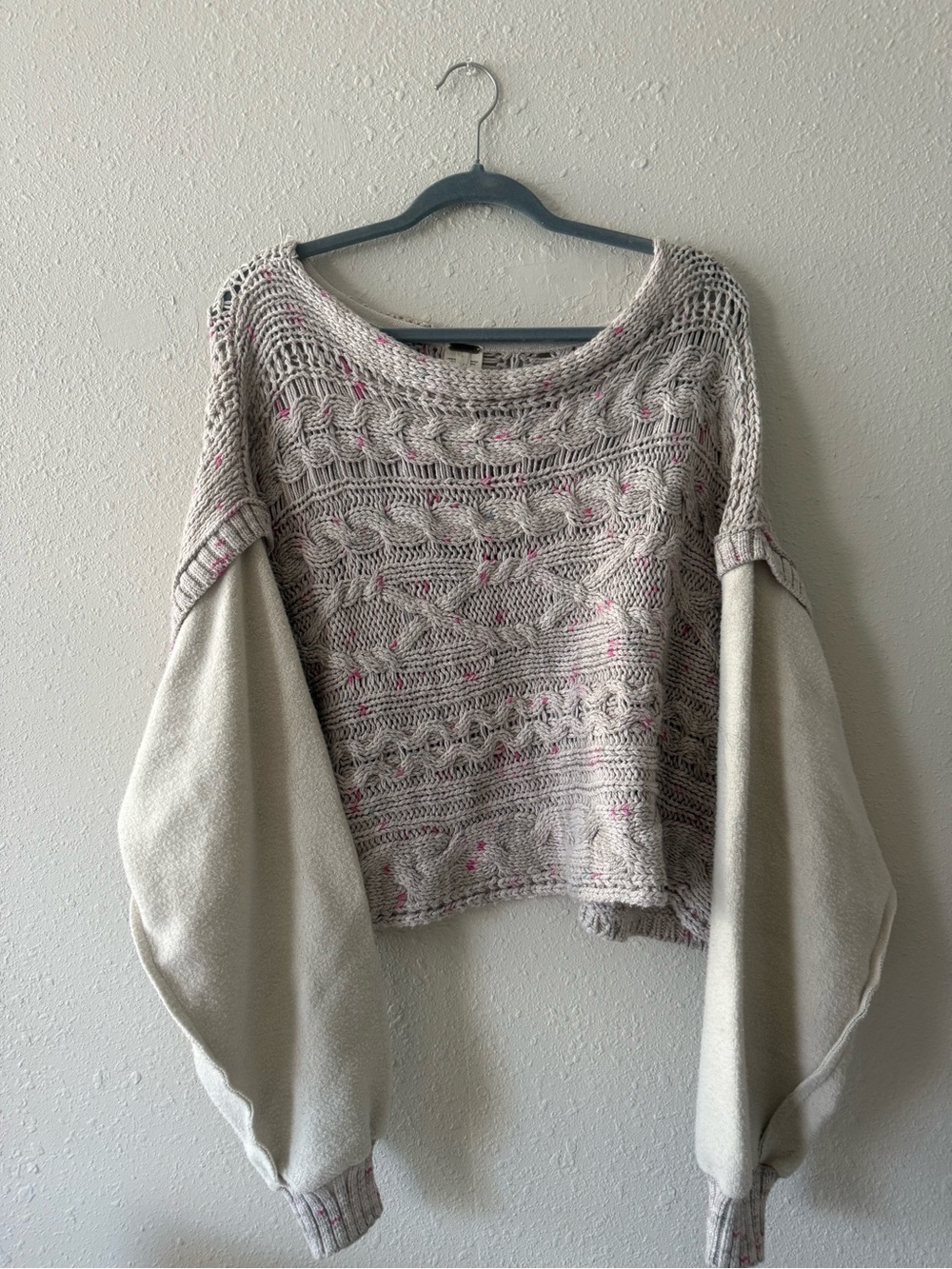 Free People Cream Open-Knit Off-Shoulder Sweater with Pink Speck